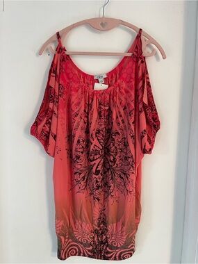 CACHE Coral Cold-Shoulder Printed Top